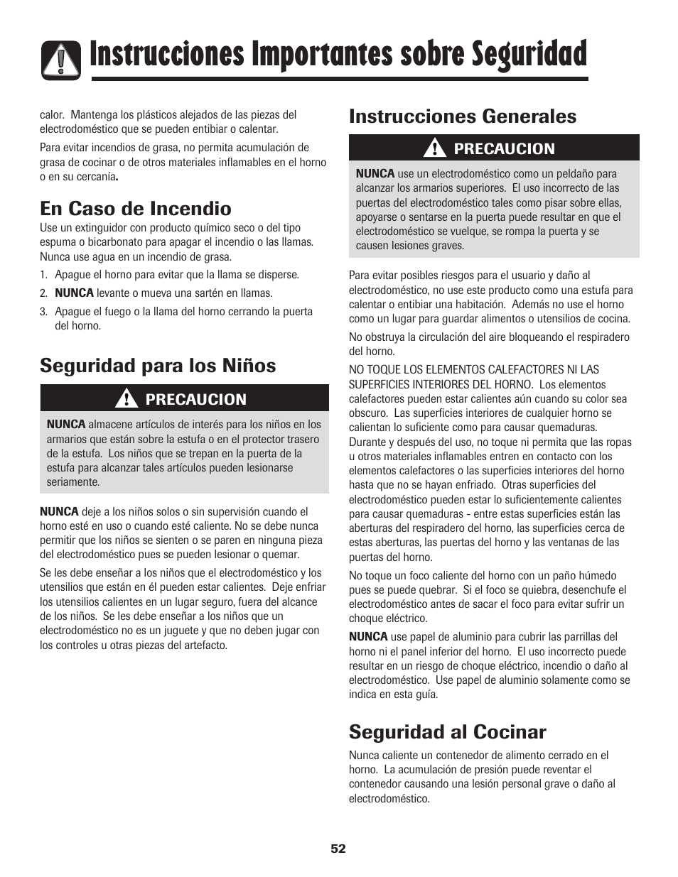 Instrucciones importantes sobre seguridad, En caso de incendio, Seguridad para los niños | Instrucciones generales, Seguridad al cocinar | Amana Smoothtop User Manual | Page 53 / 76