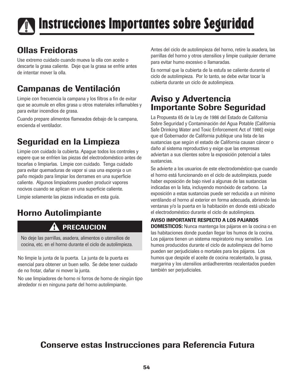 Instrucciones importantes sobre seguridad, Ollas freidoras, Campanas de ventilación | Seguridad en la limpieza, Horno autolimpiante, Aviso y advertencia importante sobre seguridad | Amana Smoothtop User Manual | Page 55 / 76