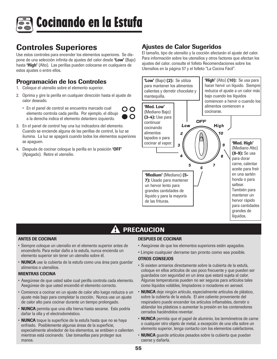 Cocinando en la estufa, Controles superiores, Programación de los controles | Precaucion ajustes de calor sugeridos | Amana Smoothtop User Manual | Page 56 / 76