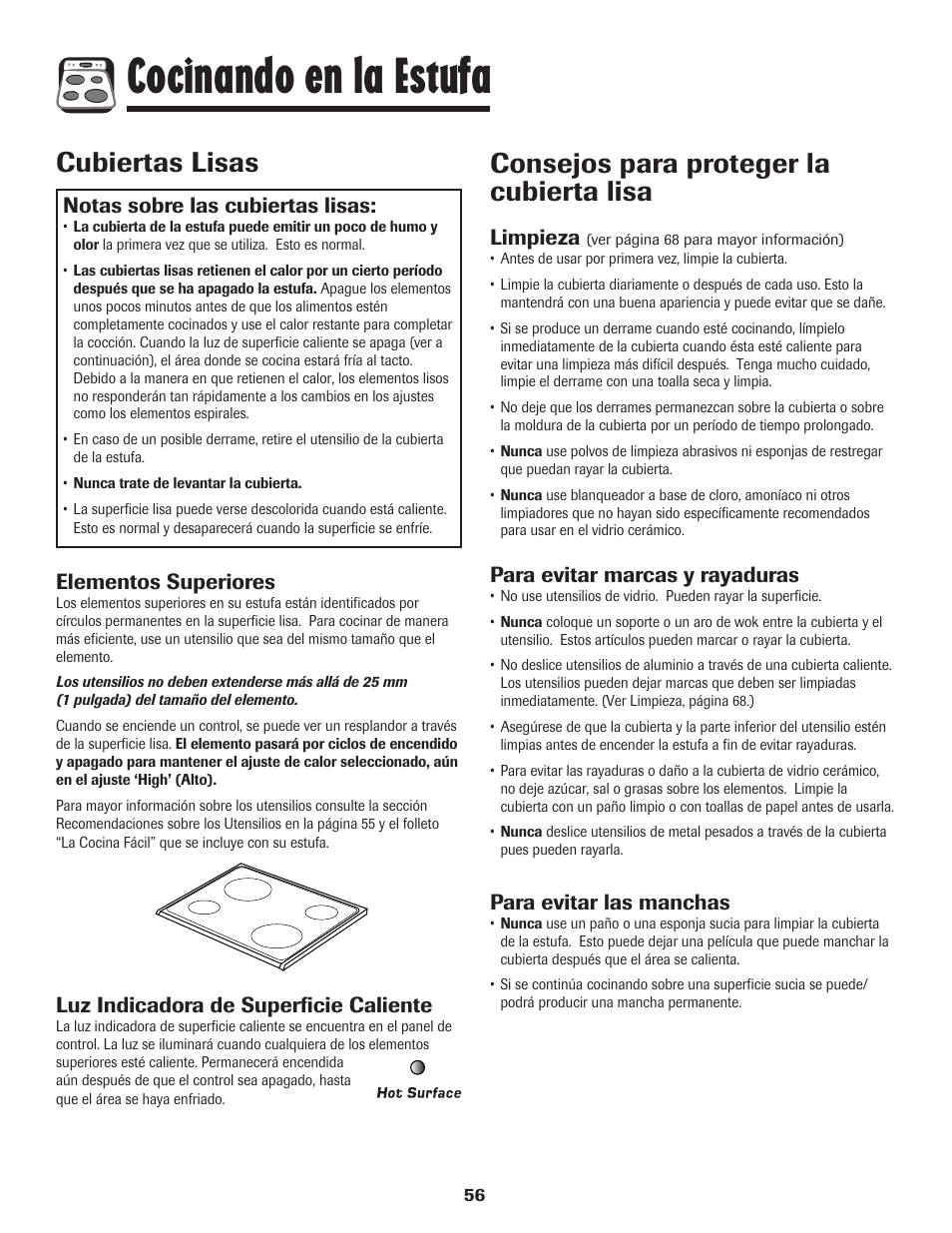 Cocinando en la estufa, Cubiertas lisas, Consejos para proteger la cubierta lisa | Notas sobre las cubiertas lisas, Elementos superiores, Luz indicadora de superficie caliente, Limpieza, Para evitar marcas y rayaduras, Para evitar las manchas | Amana Smoothtop User Manual | Page 57 / 76