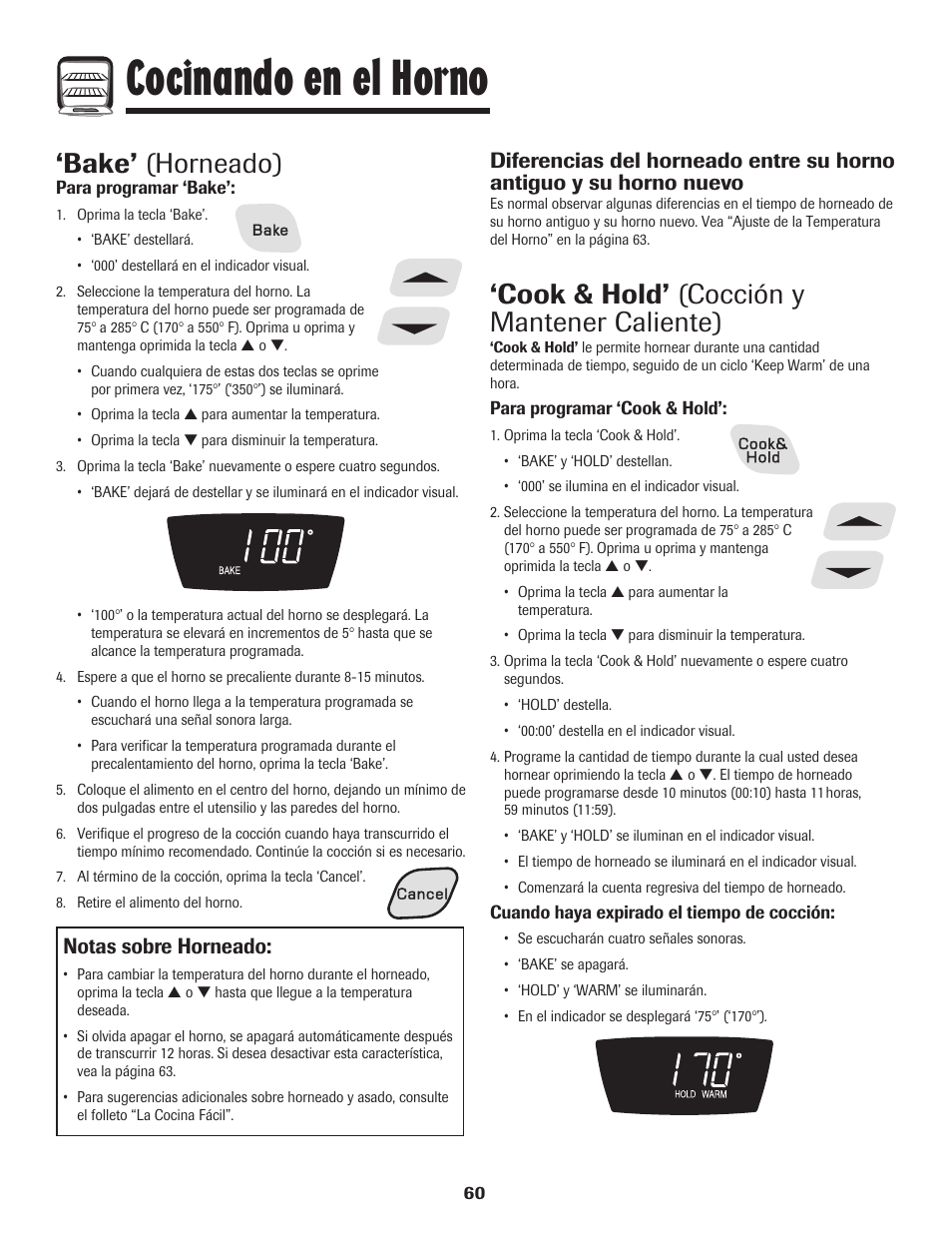 Cocinando en el horno, Bake’ (horneado), Cook & hold’ (cocción y mantener caliente) | Notas sobre horneado | Amana Smoothtop User Manual | Page 61 / 76