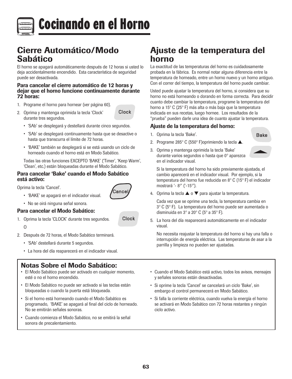 Cocinando en el horno, Cierre automático/modo sabático, Ajuste de la temperatura del horno | Notas sobre el modo sabático | Amana Smoothtop User Manual | Page 64 / 76