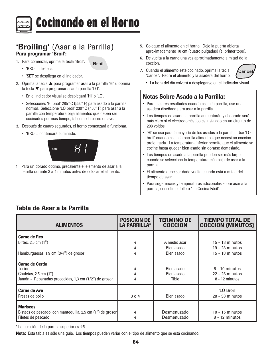 Cocinando en el horno, Broiling’ (asar a la parrilla), Notas sobre asado a la parrilla | Tabla de asar a la parrilla | Amana Smoothtop User Manual | Page 65 / 76