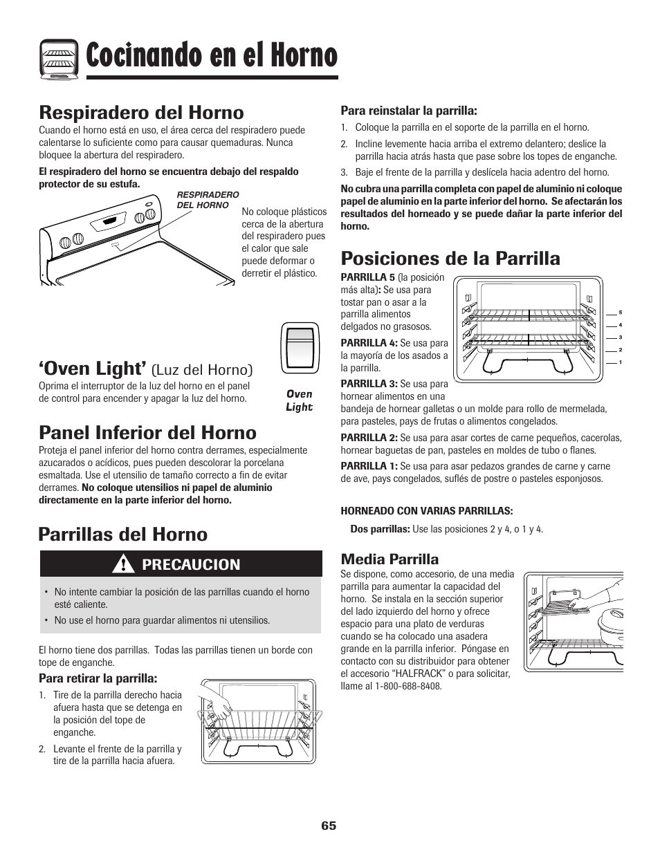 Cocinando en el horno, Panel inferior del horno, Respiradero del horno | Oven light, Parrillas del horno, Posiciones de la parrilla | Amana Smoothtop User Manual | Page 66 / 76