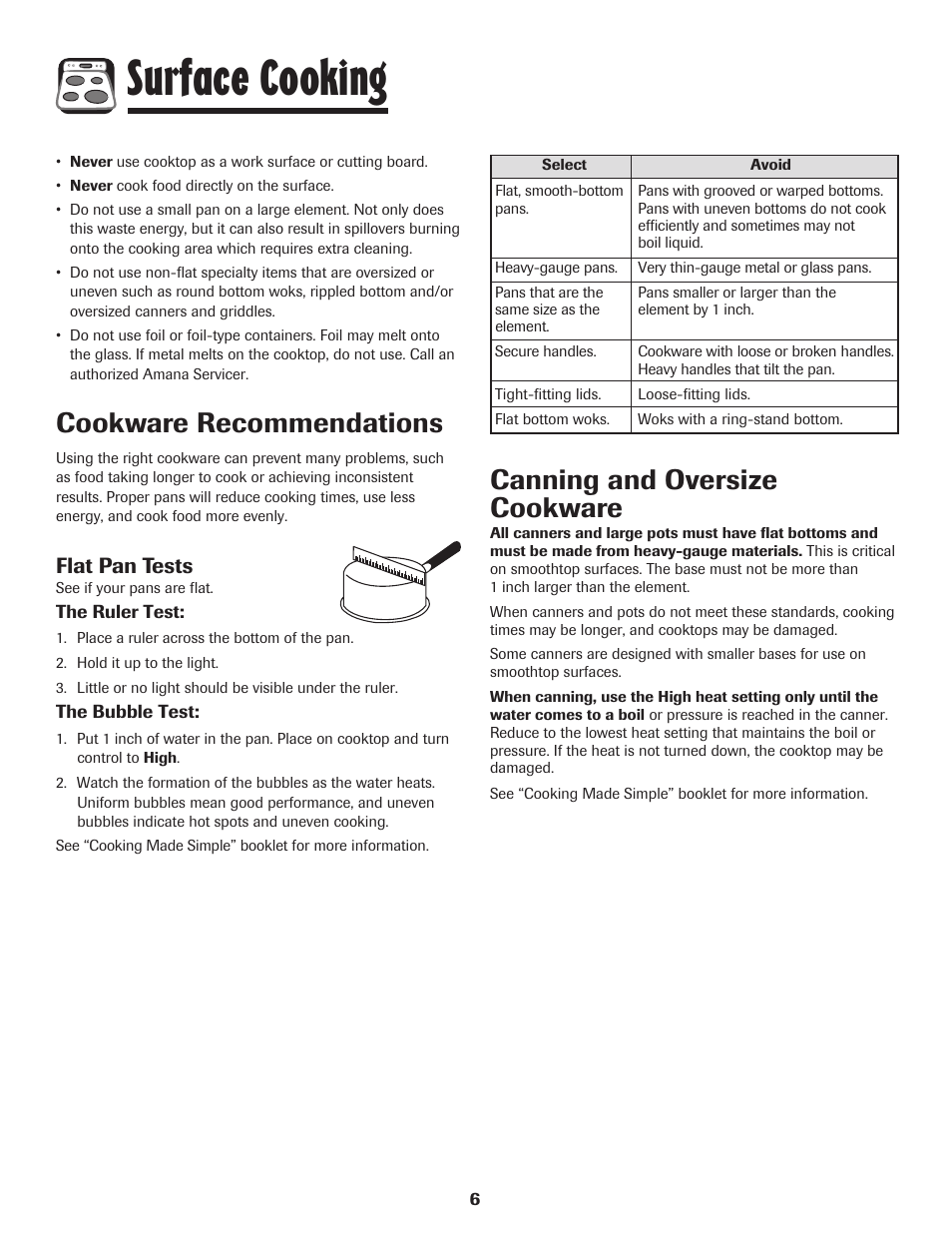 Surface cooking, Cookware recommendations, Canning and oversize cookware | Flat pan tests | Amana Smoothtop User Manual | Page 7 / 76