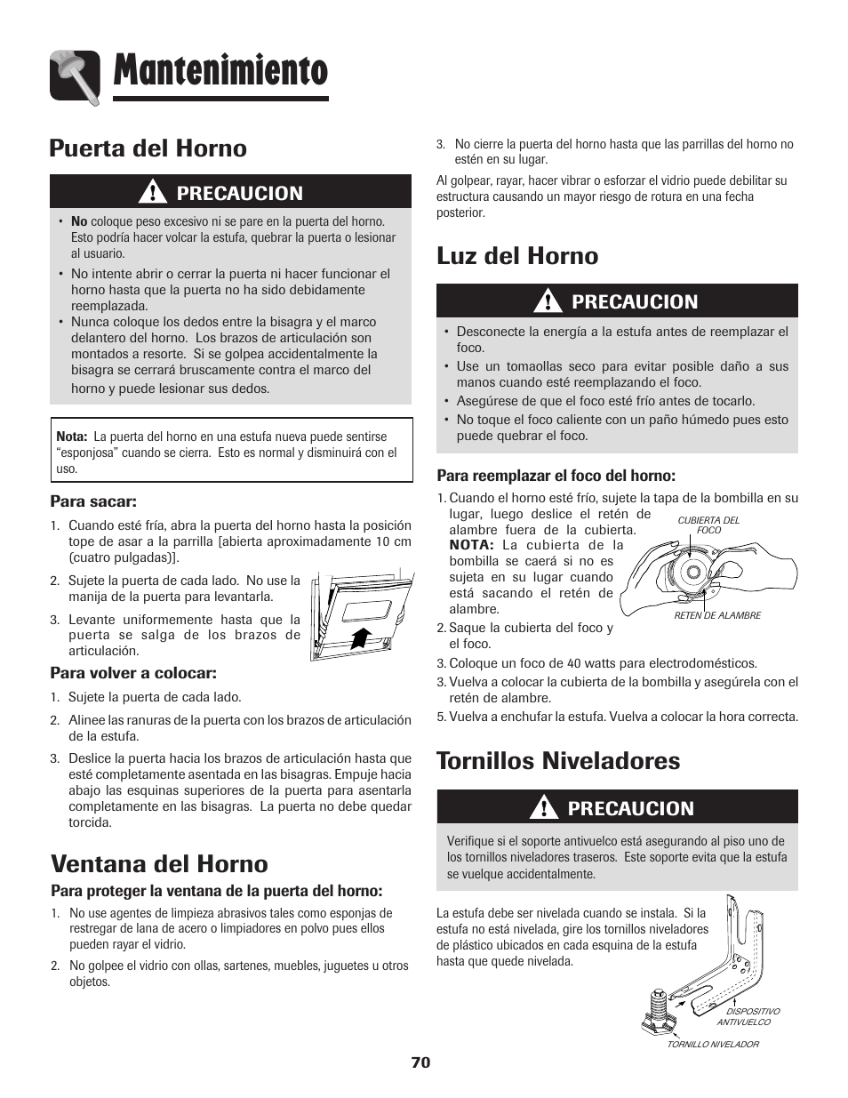 Mantenimiento, Luz del horno tornillos niveladores, Puerta del horno | Ventana del horno, Precaucion | Amana Smoothtop User Manual | Page 71 / 76