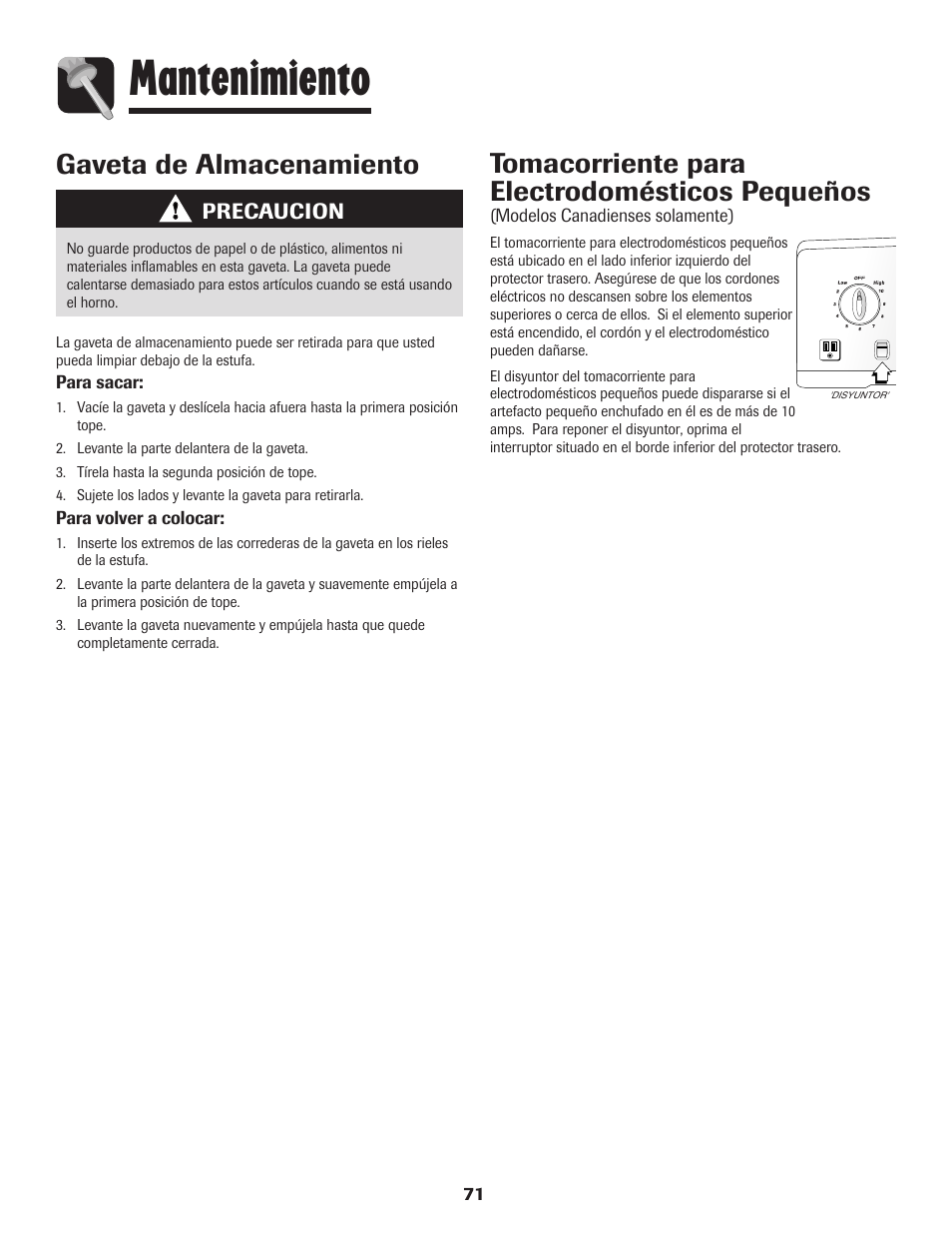 Mantenimiento, Tomacorriente para electrodomésticos pequeños, Gaveta de almacenamiento | Amana Smoothtop User Manual | Page 72 / 76