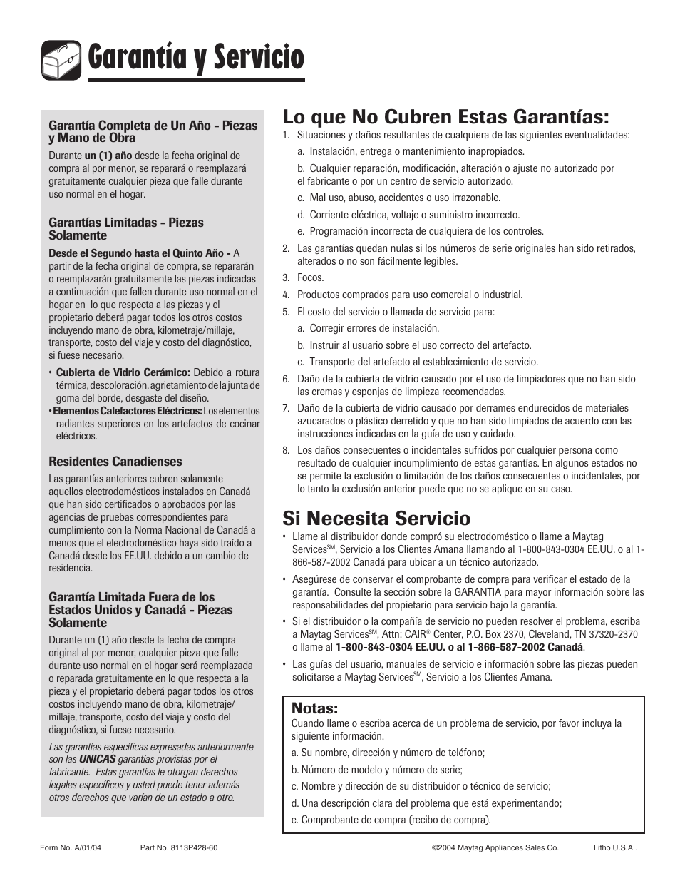Garantía y servicio, Lo que no cubren estas garantías, Si necesita servicio | Notas | Amana Smoothtop User Manual | Page 76 / 76
