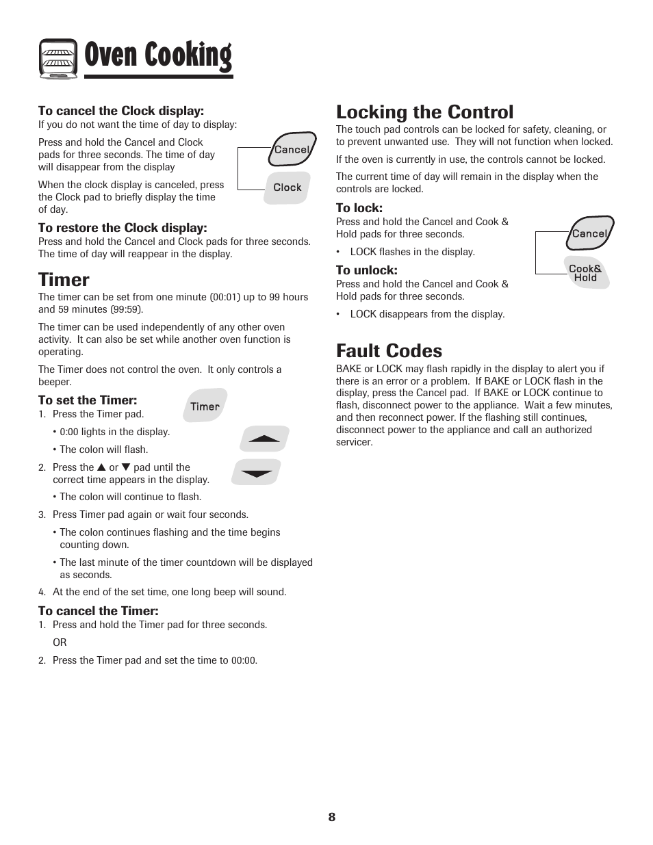 Oven cooking, Timer, Locking the control | Fault codes | Amana Smoothtop User Manual | Page 9 / 76