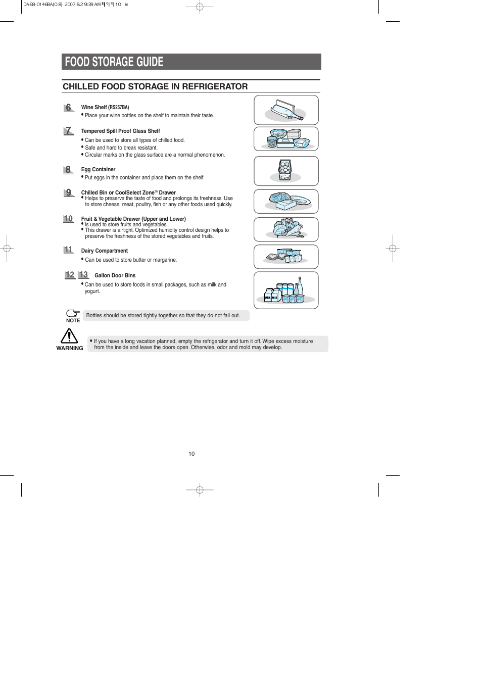 Food storage guide, Chilled food storage in refrigerator | Samsung RS265LASH-XAA User Manual | Page 10 / 32