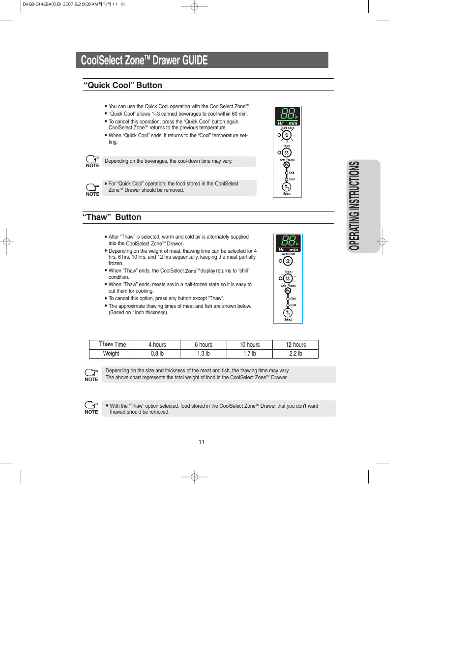 Coolselect zonetm drawer guide, Opera ting instr uctions, Coolselect zone | Drawer guide | Samsung RS265LASH-XAA User Manual | Page 11 / 32