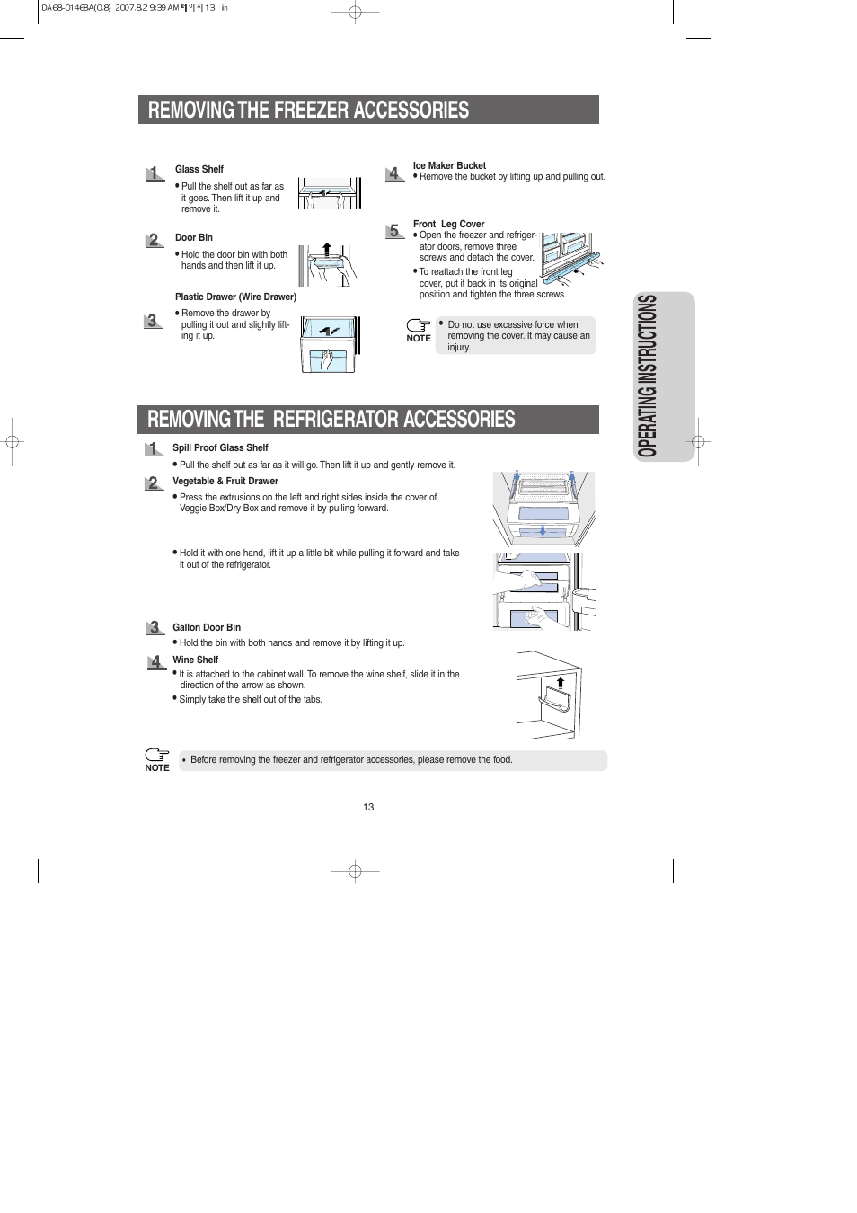 Removing the freezer accessories, Removing the refrigerator accessories, Opera ting instr uctions | Samsung RS265LASH-XAA User Manual | Page 13 / 32