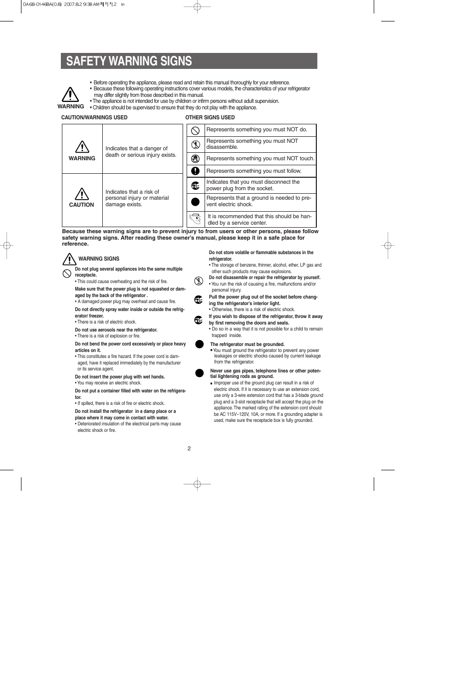 Safety warning signs | Samsung RS265LASH-XAA User Manual | Page 2 / 32