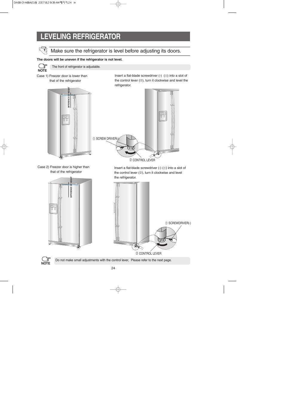 Leveling refrigerator | Samsung RS265LASH-XAA User Manual | Page 24 / 32
