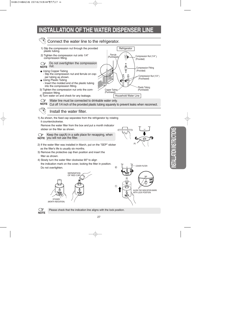 Installation of the water dispenser line, Inst alla tion instr uctions, Install the water filter | Connect the water line to the refrigerator | Samsung RS265LASH-XAA User Manual | Page 27 / 32
