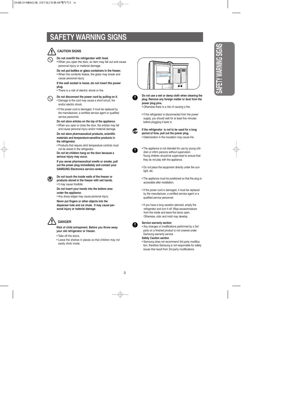 Safety w arning signs, Safety warning signs | Samsung RS265LASH-XAA User Manual | Page 3 / 32