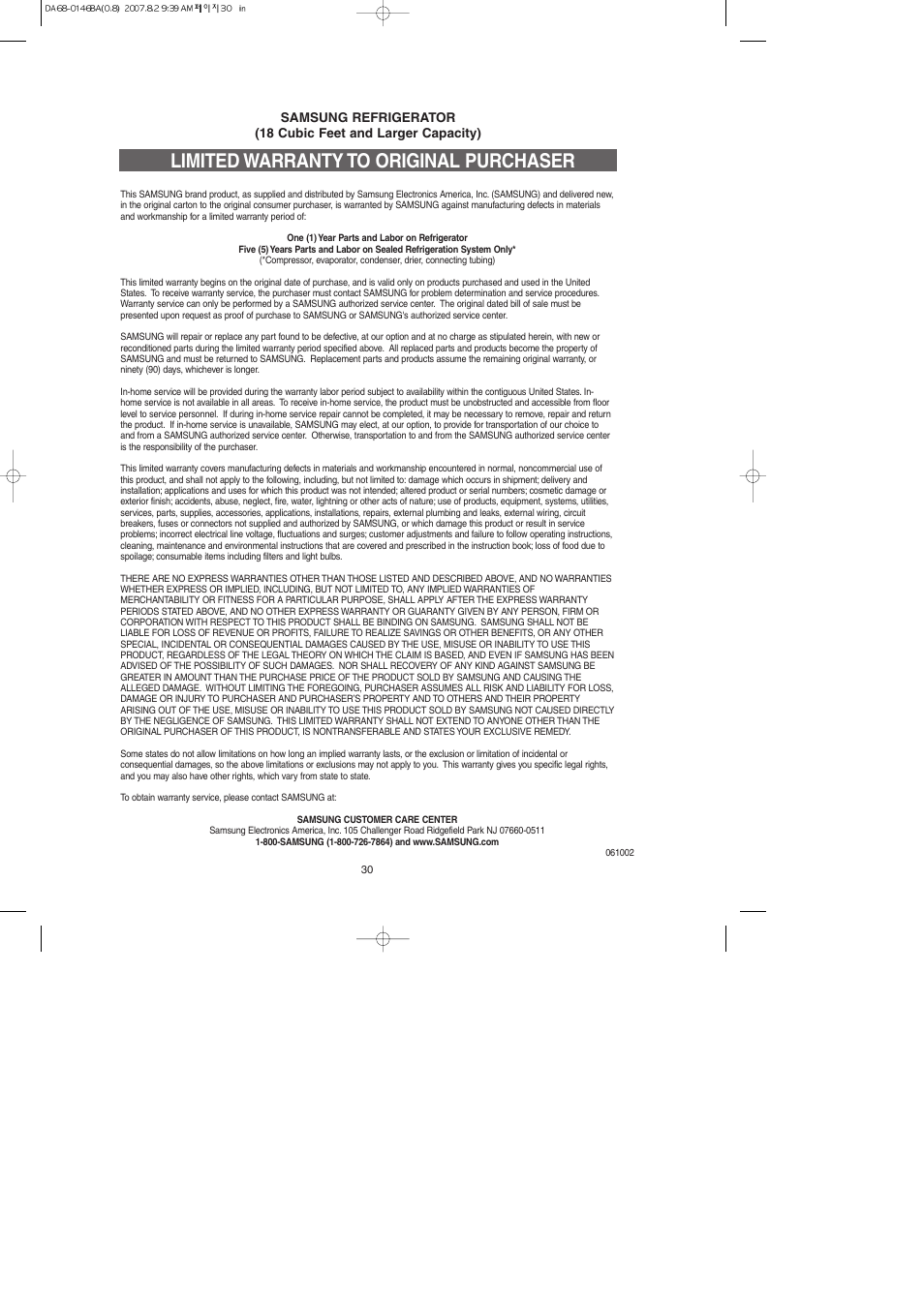 Limited warranty to original purchaser | Samsung RS265LASH-XAA User Manual | Page 30 / 32