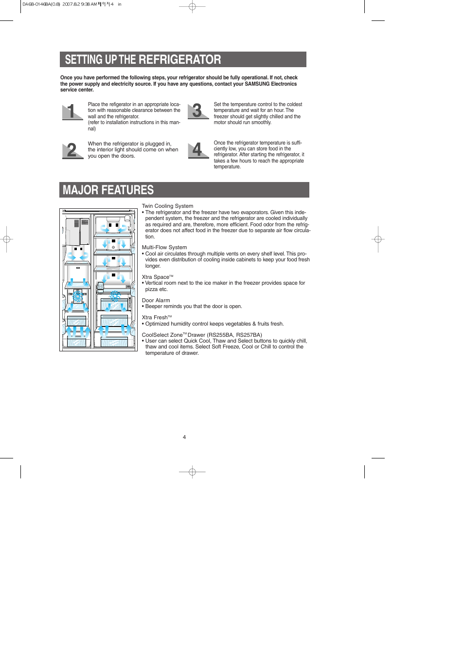Setting up the refrigerator, Major features | Samsung RS265LASH-XAA User Manual | Page 4 / 32
