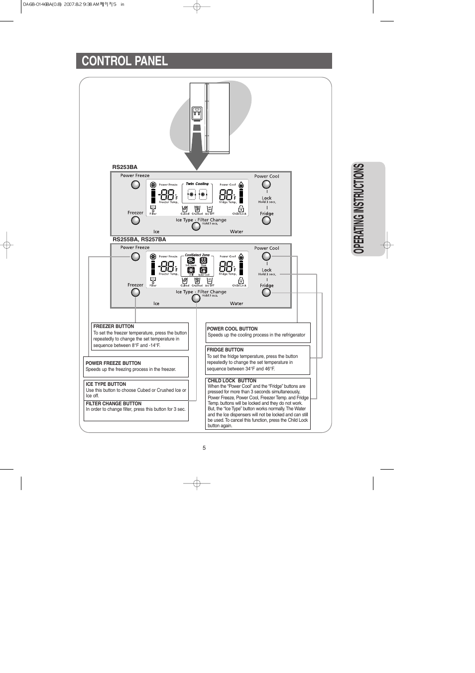 Control panel, Opera ting instr uctions | Samsung RS265LASH-XAA User Manual | Page 5 / 32