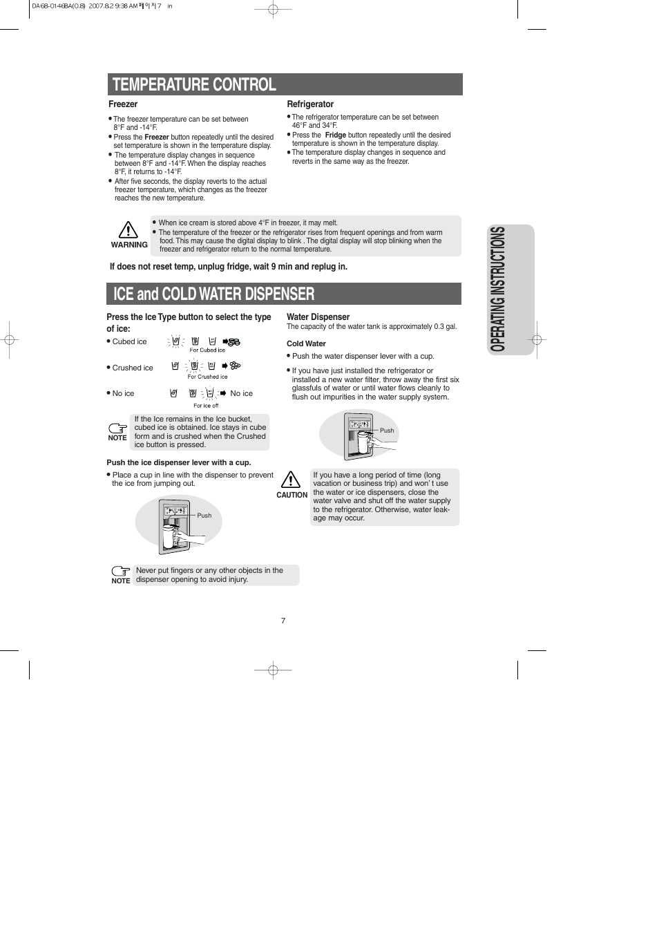Temperature control, Ice and cold water dispenser, Opera ting instr uctions | Samsung RS265LASH-XAA User Manual | Page 7 / 32