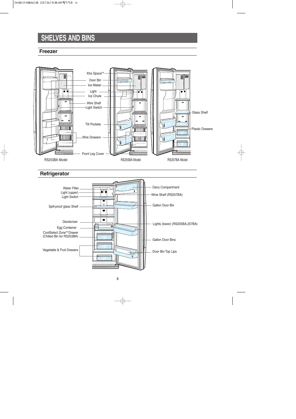 Shelves and bins, Freezer, Refrigerator | Samsung RS265LASH-XAA User Manual | Page 8 / 32