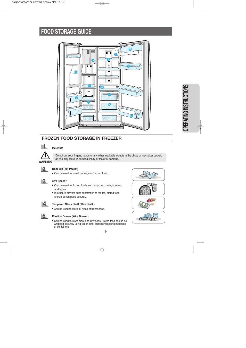 Food storage guide, Opera ting instr uctions | Samsung RS265LASH-XAA User Manual | Page 9 / 32