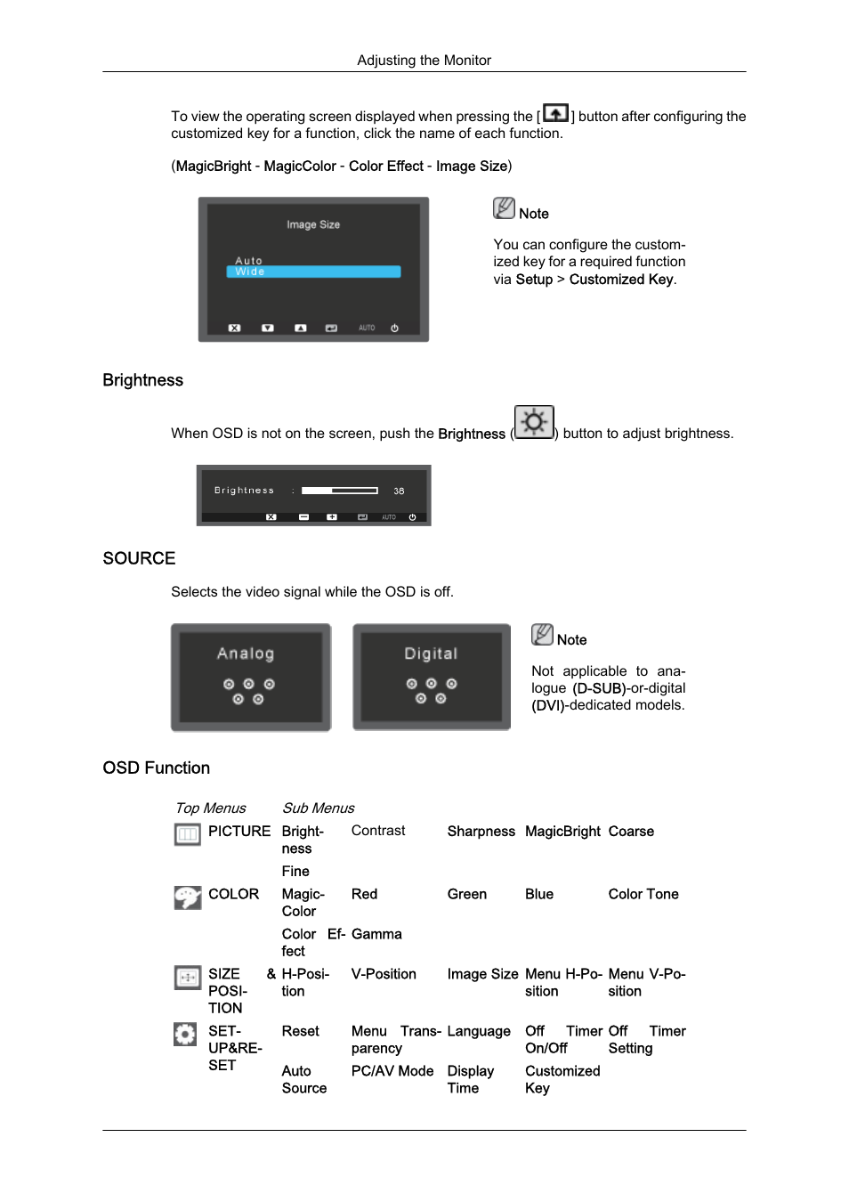 Brightness, Source, Osd function | Samsung LS24KIZKFV-ZA User Manual | Page 28 / 56