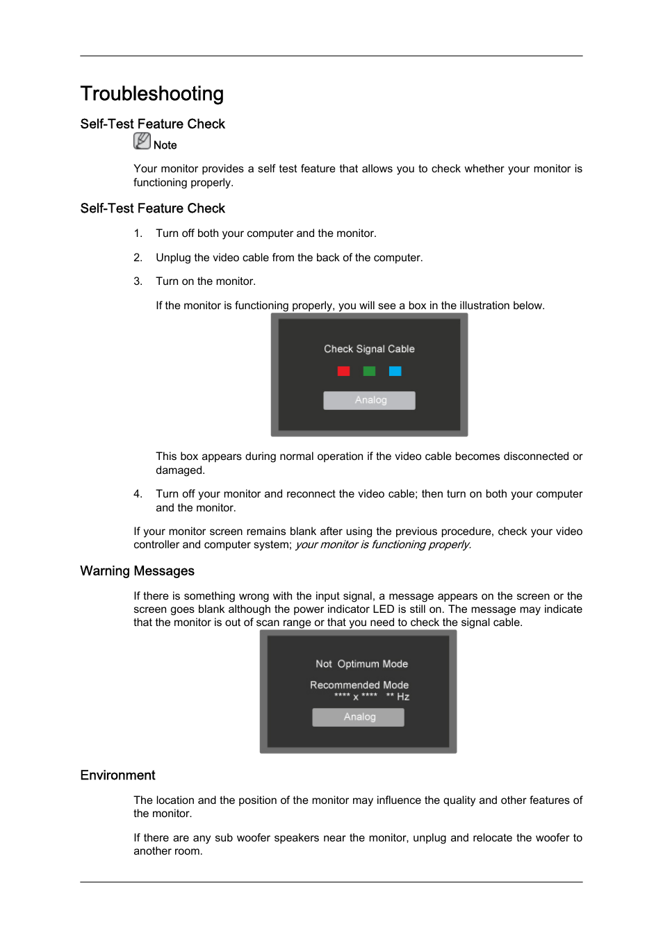 Troubleshooting, Self-test feature check, Warning messages | Environment | Samsung LS24KIZKFV-ZA User Manual | Page 36 / 56