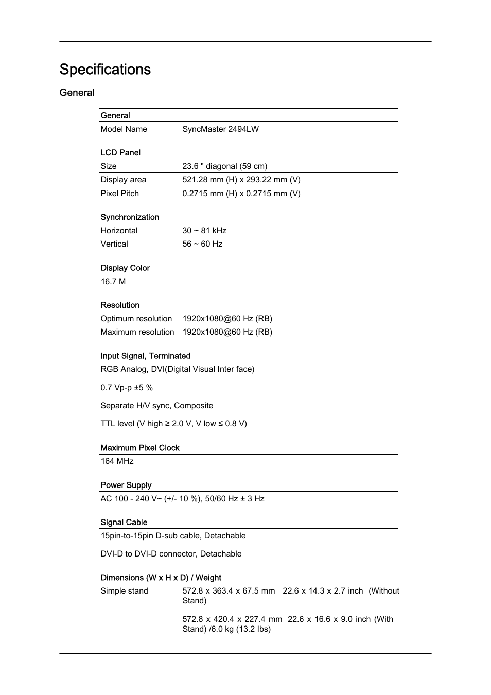 Specifications, General | Samsung LS24KIZKFV-ZA User Manual | Page 42 / 56