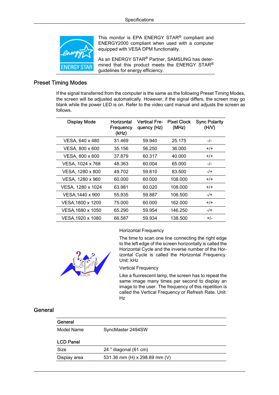 Preset timing modes, General | Samsung LS24KIZKFV-ZA User Manual | Page 44 / 56