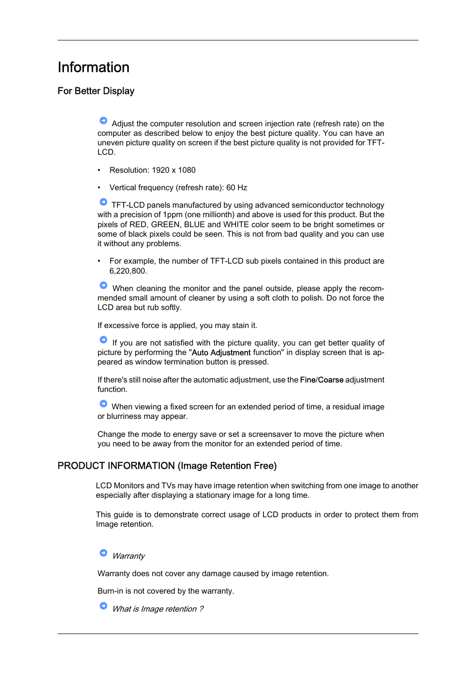 Information, For better display, Product information (image retention free) | Samsung LS24KIZKFV-ZA User Manual | Page 48 / 56