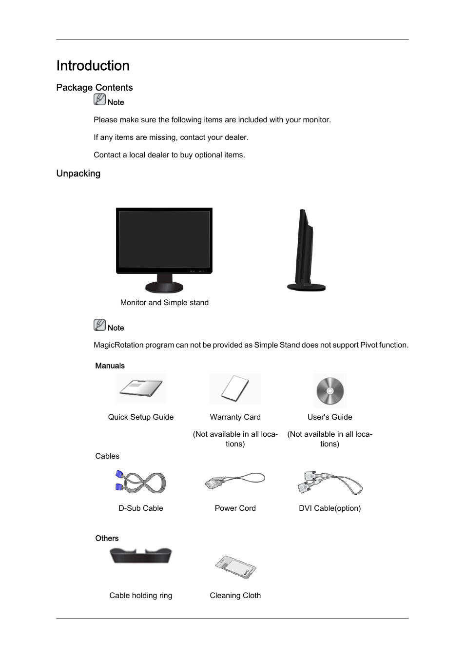 Introduction, Package contents, Unpacking | Samsung LS24KIZKFV-ZA User Manual | Page 9 / 56