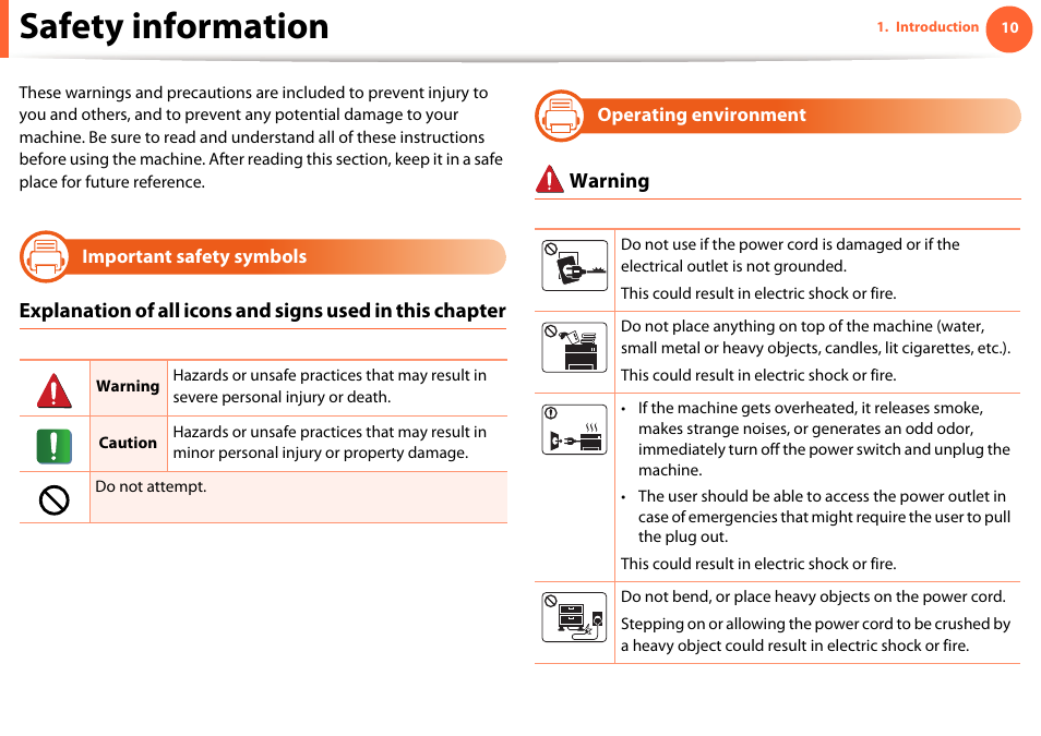 Safety information, Important safety symbols, Operating environment | Samsung ML-2955ND-XAA User Manual | Page 10 / 230