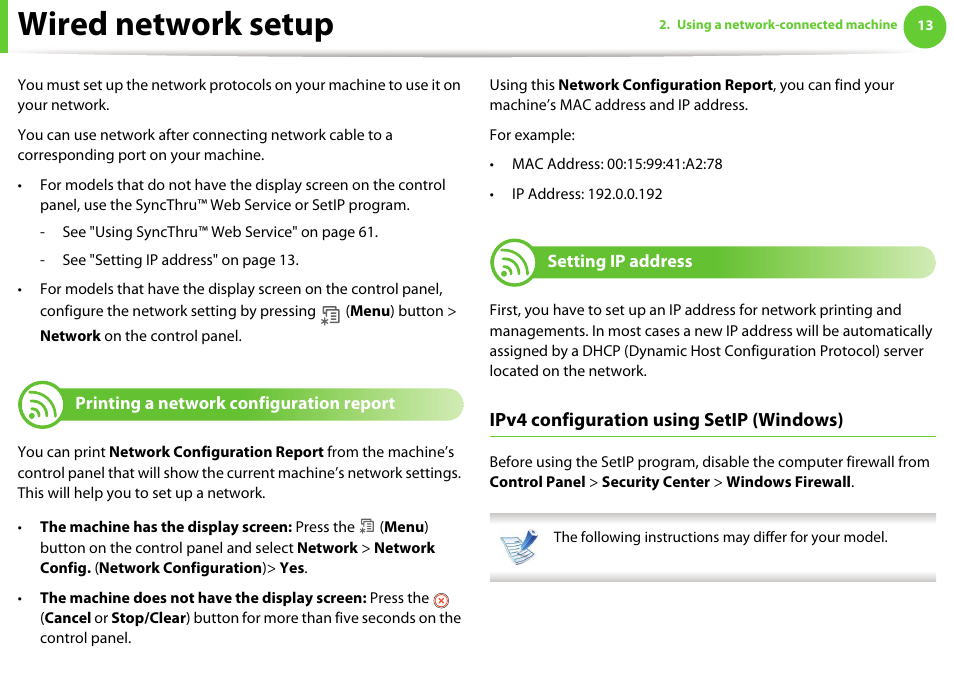 Wired network setup, Printing a network configuration report, Setting ip address | Ipv4 configuration using setip (windows) | Samsung ML-2955ND-XAA User Manual | Page 103 / 230