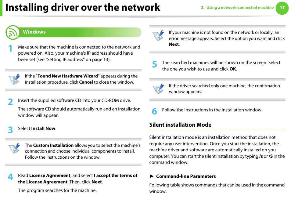 Installing driver over the network, Windows, Silent installation mode | Samsung ML-2955ND-XAA User Manual | Page 107 / 230