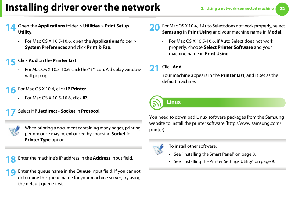 Linux, Installing driver over the network | Samsung ML-2955ND-XAA User Manual | Page 112 / 230