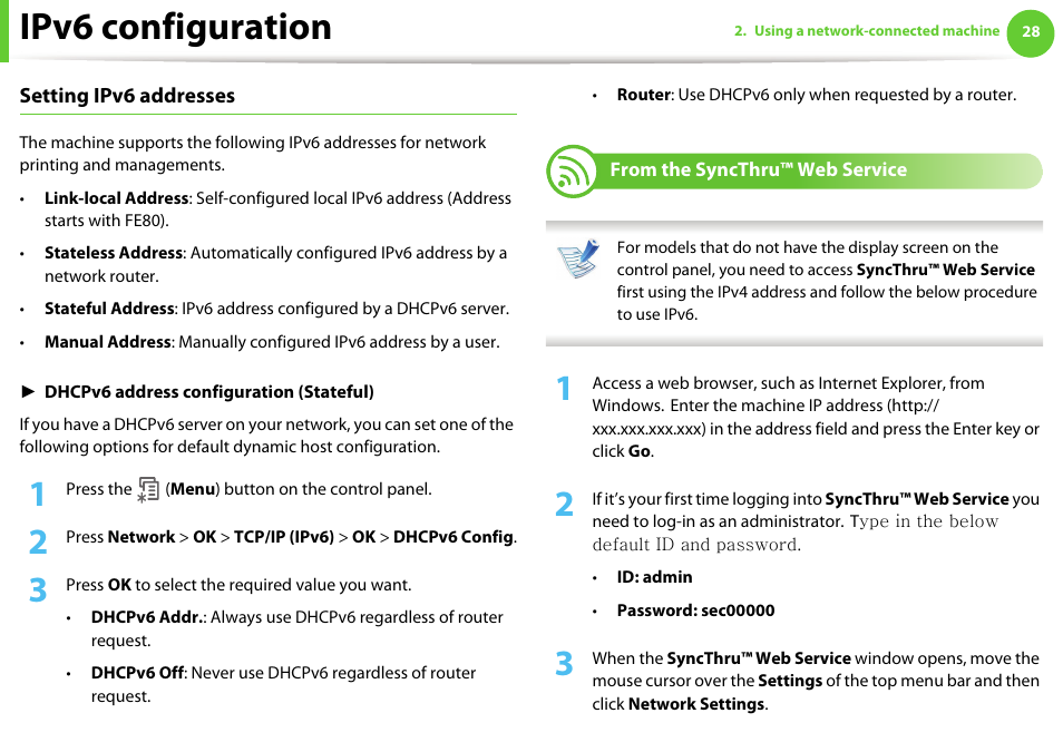 From the syncthru™ web service, Ipv6 configuration | Samsung ML-2955ND-XAA User Manual | Page 118 / 230