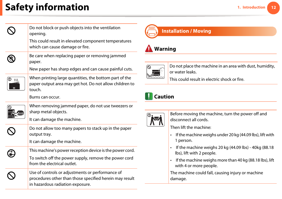 Installation / moving, Safety information | Samsung ML-2955ND-XAA User Manual | Page 12 / 230