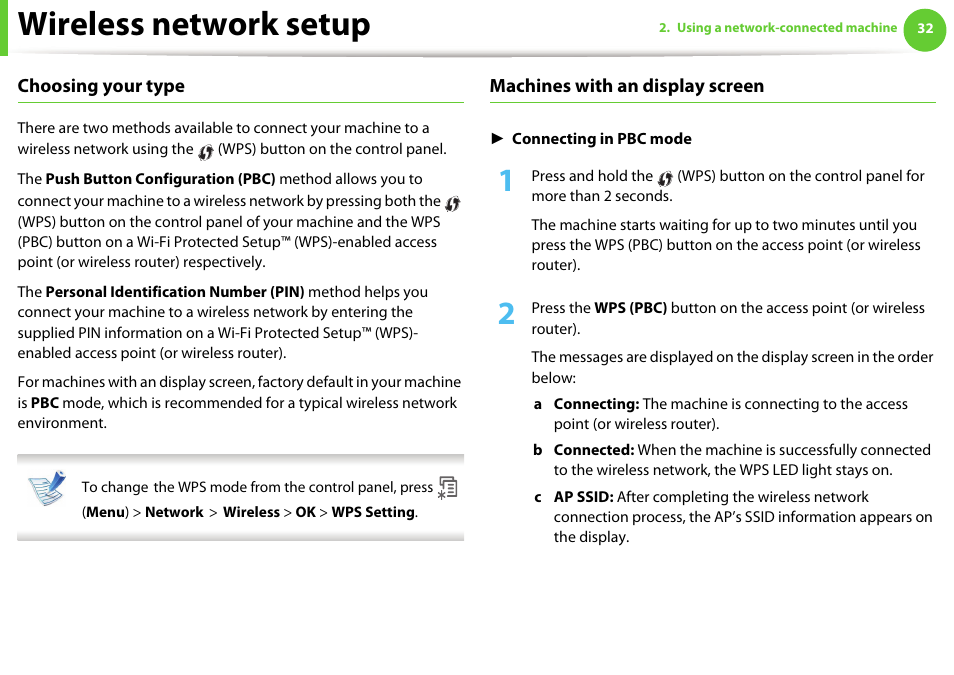 Wireless network setup | Samsung ML-2955ND-XAA User Manual | Page 122 / 230