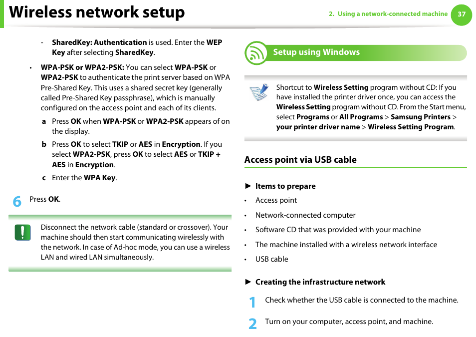 Setup using windows, Wireless network setup, Access point via usb cable | Samsung ML-2955ND-XAA User Manual | Page 127 / 230