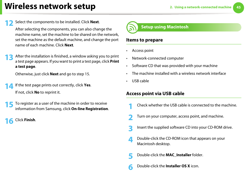 Setup using macintosh, Wireless network setup | Samsung ML-2955ND-XAA User Manual | Page 135 / 230