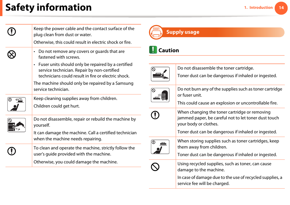 Supply usage, Safety information | Samsung ML-2955ND-XAA User Manual | Page 14 / 230