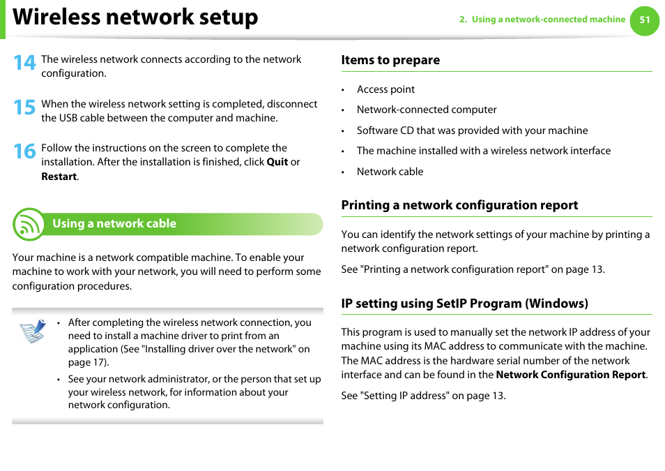 Using a network cable, Wireless network setup | Samsung ML-2955ND-XAA User Manual | Page 141 / 230