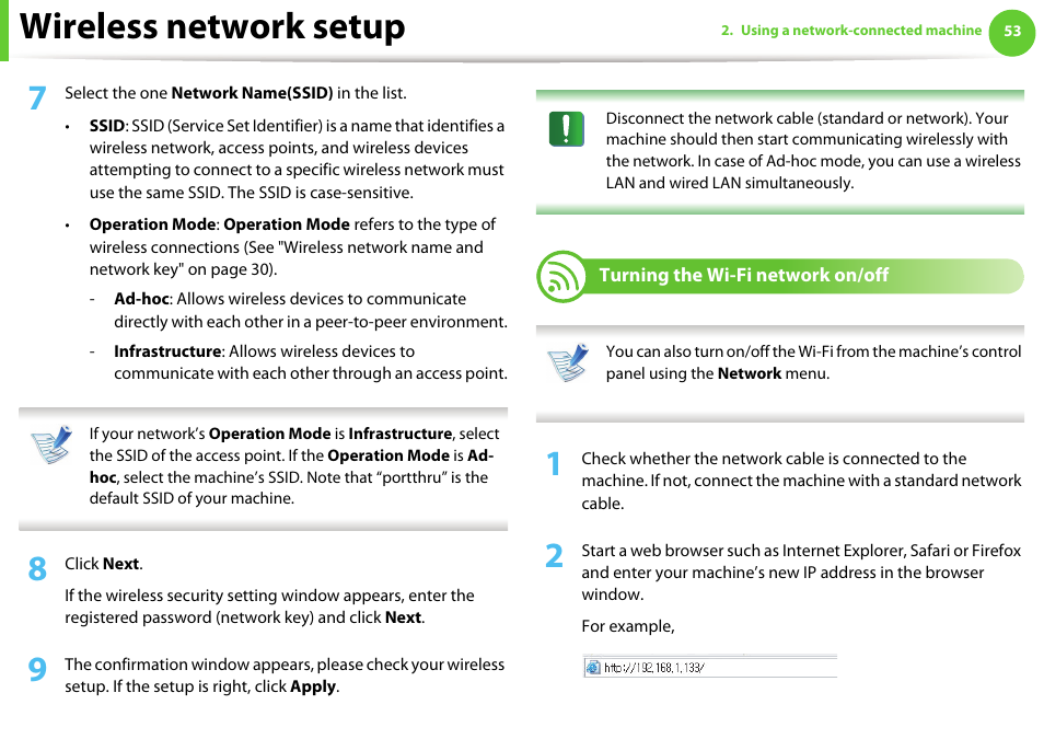 Turning the wi-fi network on/off, Wireless network setup | Samsung ML-2955ND-XAA User Manual | Page 143 / 230