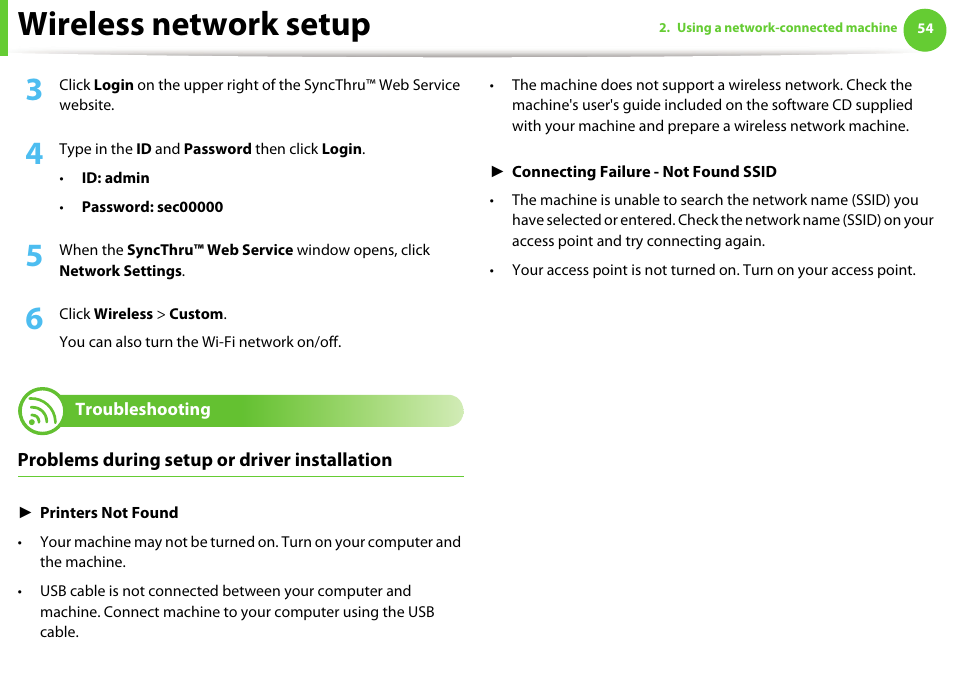 Troubleshooting, Wireless network setup | Samsung ML-2955ND-XAA User Manual | Page 144 / 230