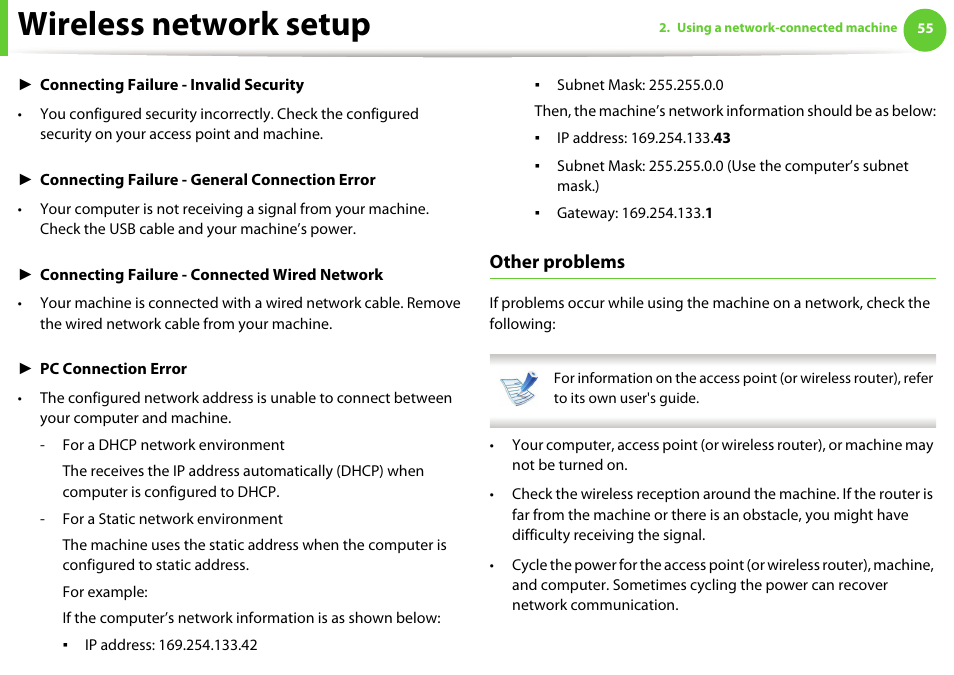 Wireless network setup, Other problems | Samsung ML-2955ND-XAA User Manual | Page 145 / 230