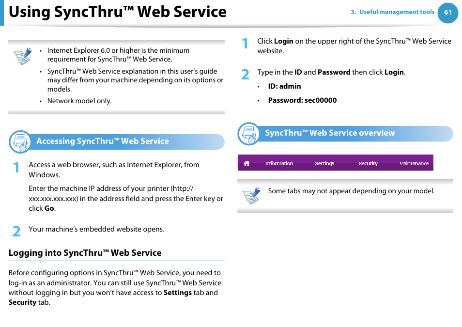 Using syncthru™ web service, Accessing syncthru™ web service, Syncthru™ web service overview | Logging into syncthru™ web service | Samsung ML-2955ND-XAA User Manual | Page 151 / 230