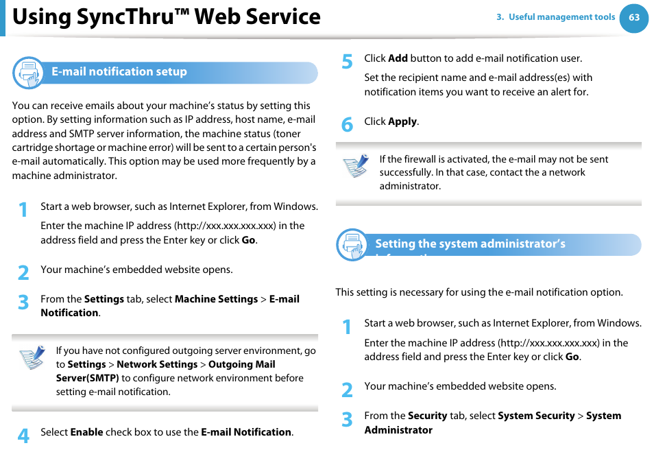 E-mail notification setup, Setting the system administrator’s information, Using syncthru™ web service | Samsung ML-2955ND-XAA User Manual | Page 153 / 230