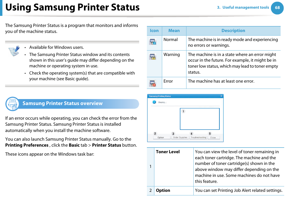 Using samsung printer status, Samsung printer status overview | Samsung ML-2955ND-XAA User Manual | Page 158 / 230