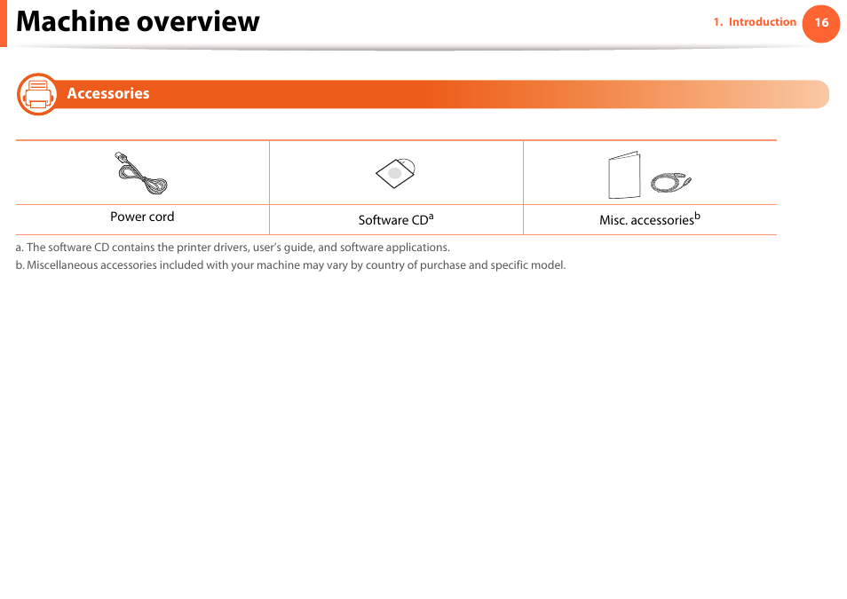 Machine overview, Accessories | Samsung ML-2955ND-XAA User Manual | Page 16 / 230